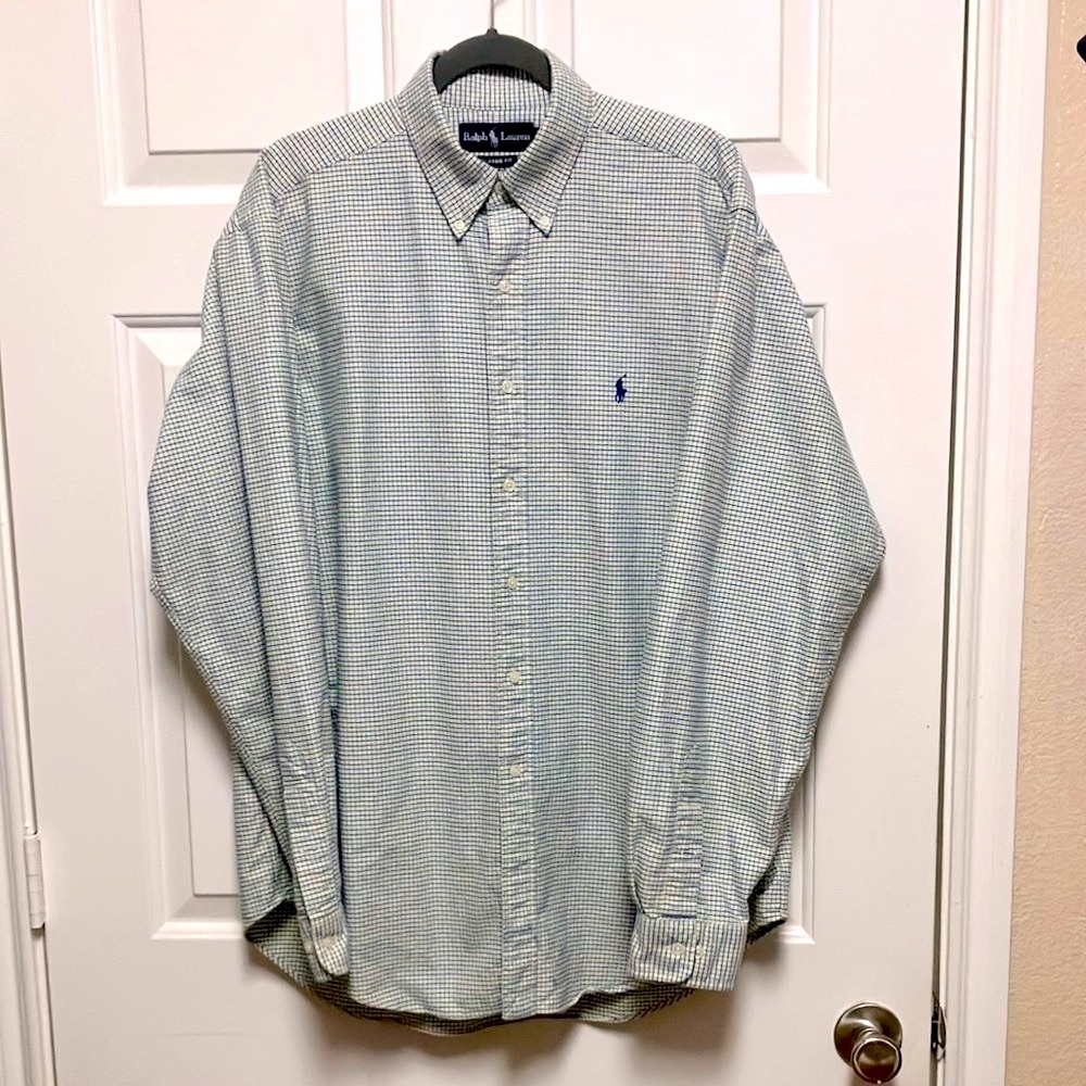 Ralph Lauren Green Yellow & Cream Checked Casual Button Down Shirt Sz 16.5/36-37